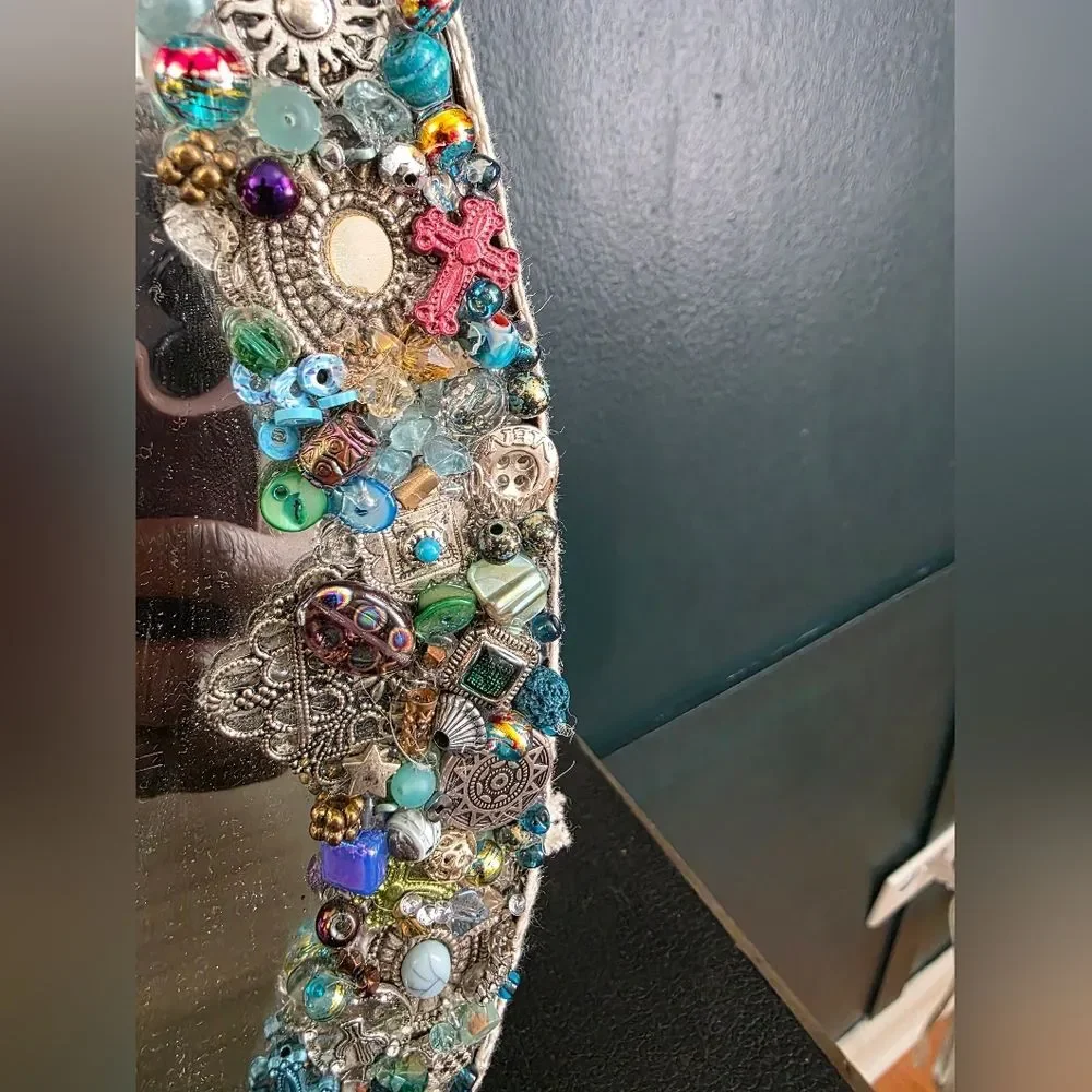 Handmade Jewelled Mirror Oval Wall Mirror Wall Art Bohemian 13x9x0.5'D